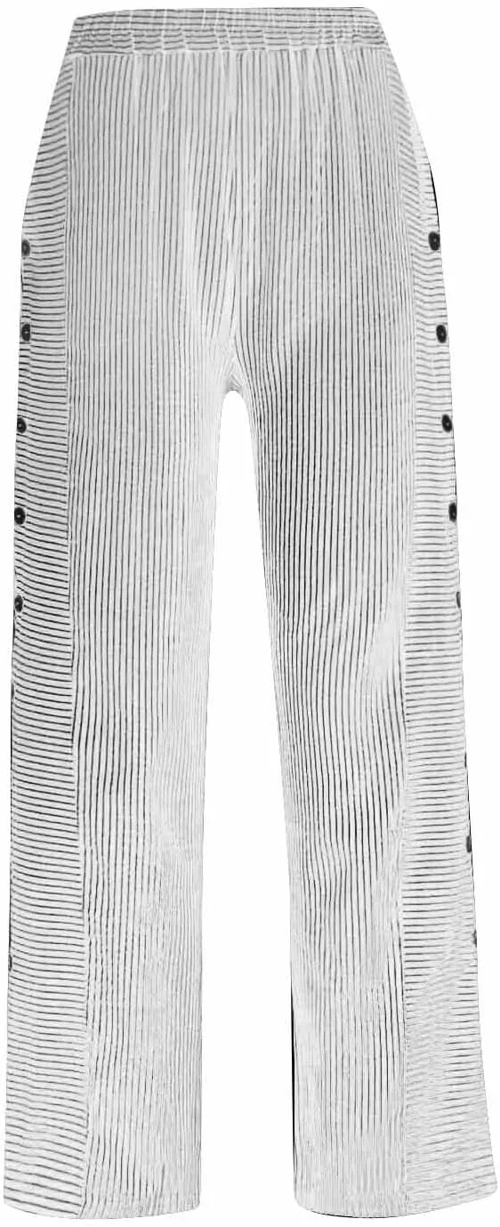 Striped Wide Leg Pants Woman Elastic High Waist Side Button Trousers Lightweight Straight Leg Cropped Pants w/Pockets