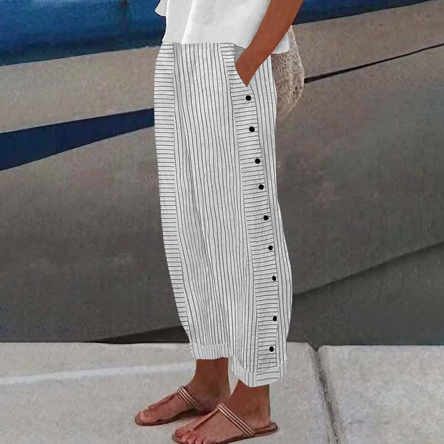 Striped Wide Leg Pants Woman Elastic High Waist Side Button Trousers Lightweight Straight Leg Cropped Pants w/Pockets