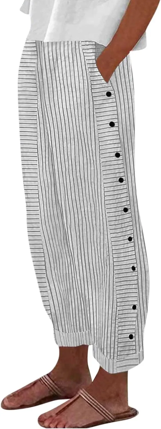 Striped Wide Leg Pants Woman Elastic High Waist Side Button Trousers Lightweight Straight Leg Cropped Pants w/Pockets