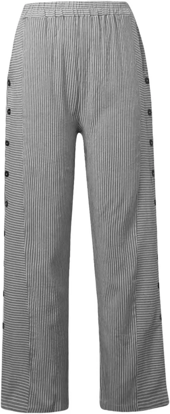 Striped Wide Leg Pants Woman Elastic High Waist Side Button Trousers Lightweight Straight Leg Cropped Pants w/Pockets