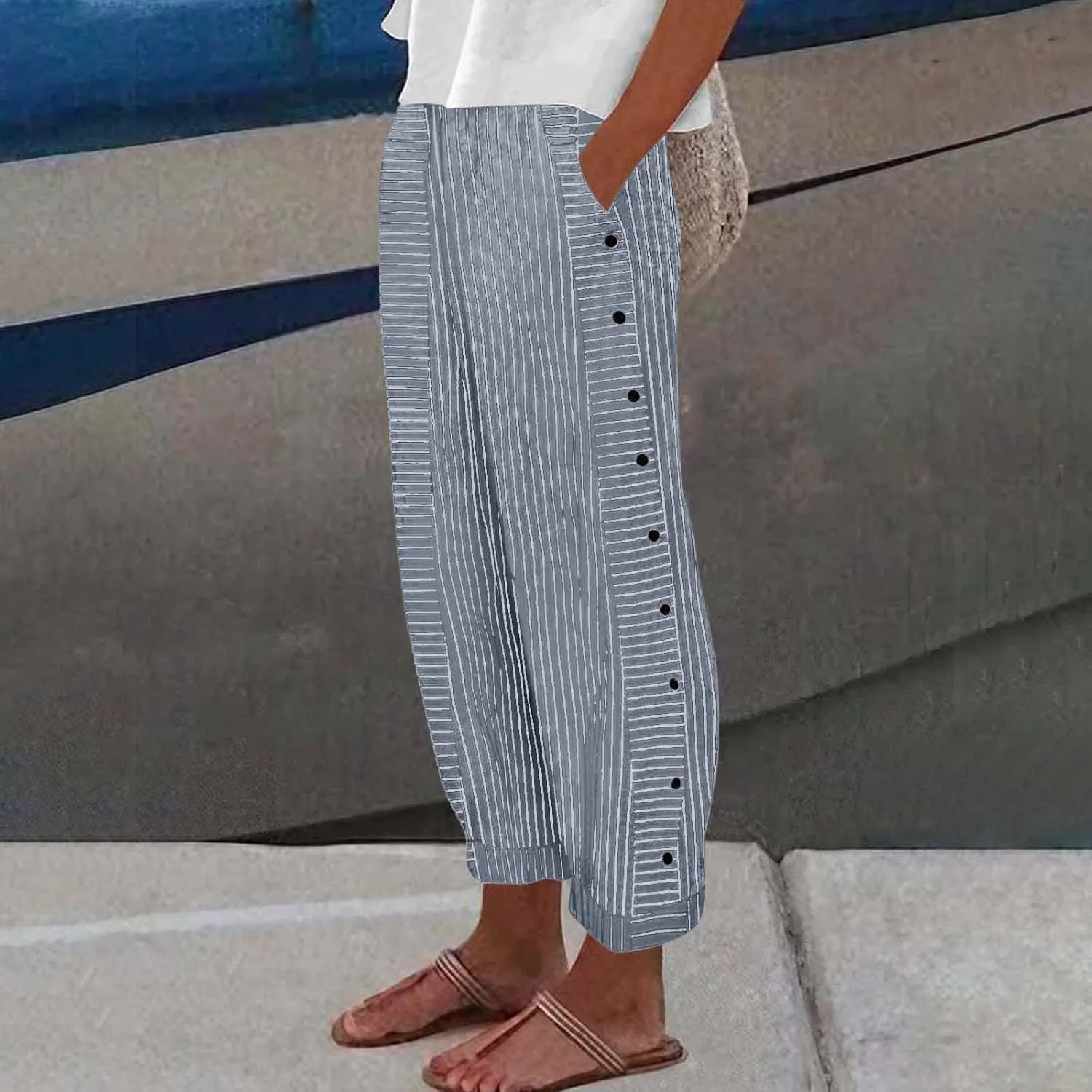 Striped Wide Leg Pants Woman Elastic High Waist Side Button Trousers Lightweight Straight Leg Cropped Pants w/Pockets