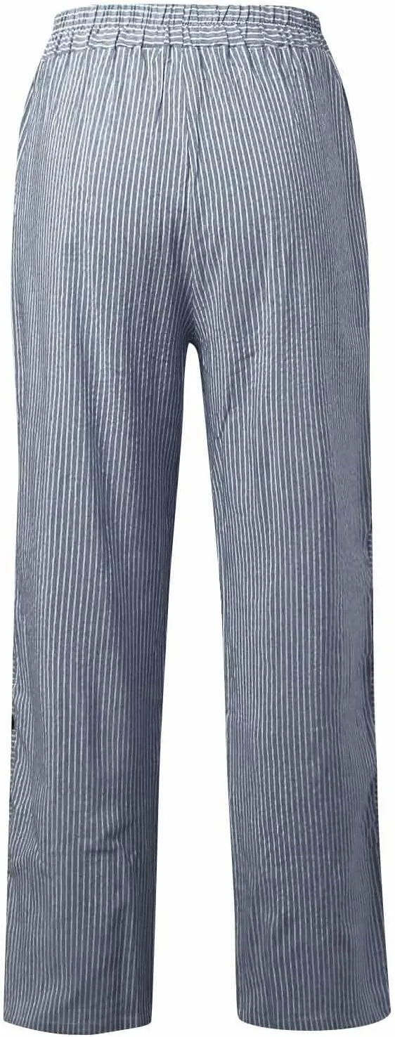 Striped Wide Leg Pants Woman Elastic High Waist Side Button Trousers Lightweight Straight Leg Cropped Pants w/Pockets