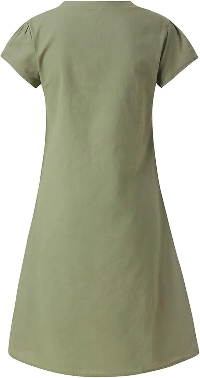 Summer Cotton Linen Dress for Women 2024 Casual Short Sleeve Knee Length Dresses Loose Vintage A Line Sundress