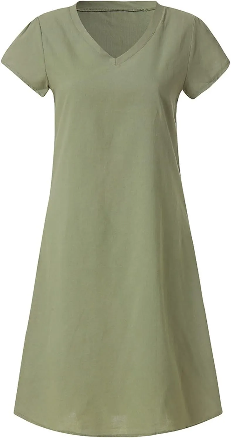 Summer Cotton Linen Dress for Women 2024 Casual Short Sleeve Knee Length Dresses Loose Vintage A Line Sundress