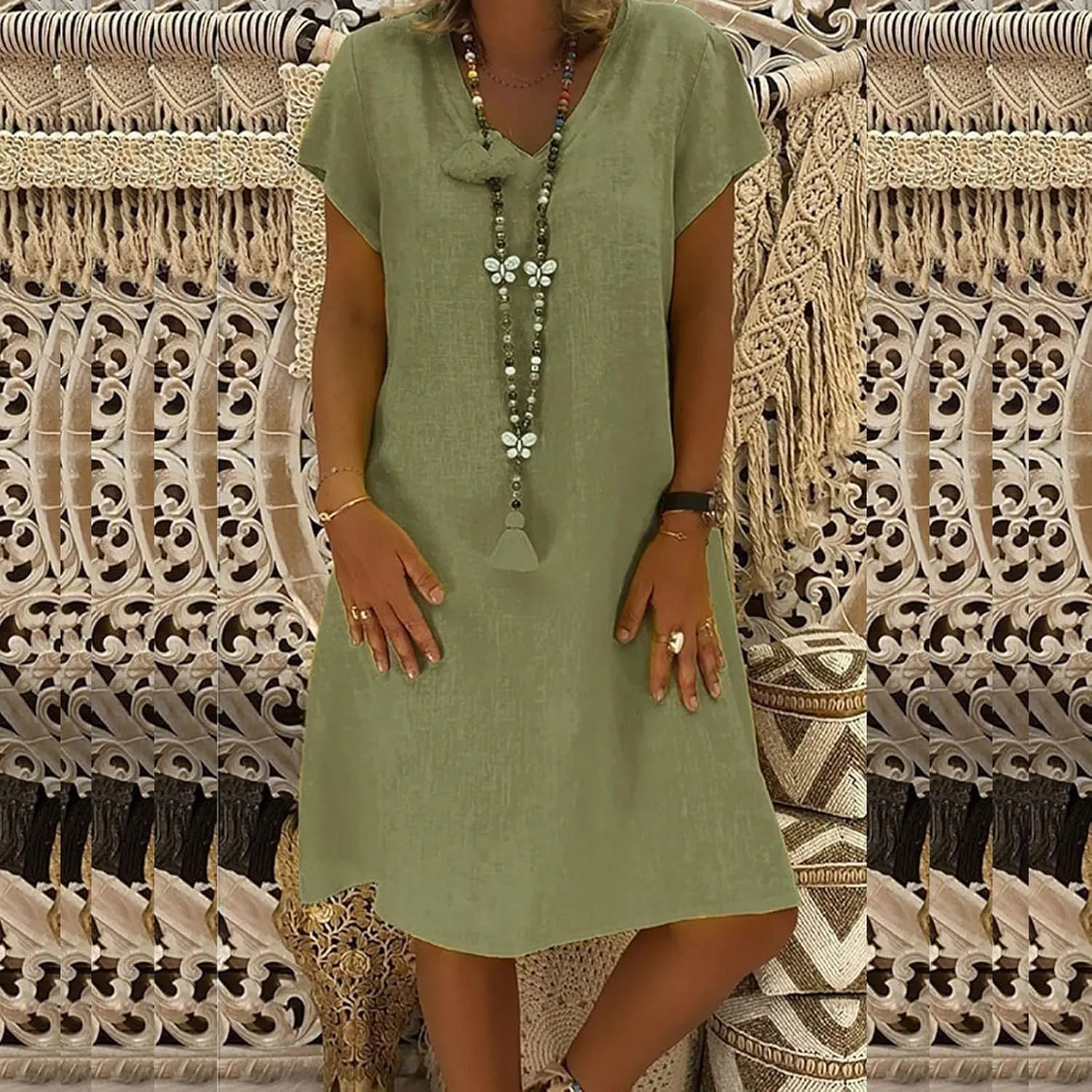 Summer Cotton Linen Dress for Women 2024 Casual Short Sleeve Knee Length Dresses Loose Vintage A Line Sundress