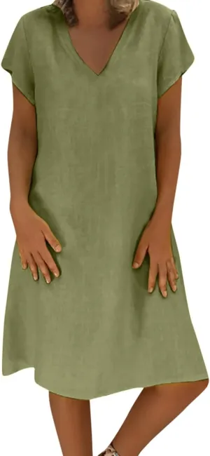 Summer Cotton Linen Dress for Women 2024 Casual Short Sleeve Knee Length Dresses Loose Vintage A Line Sundress