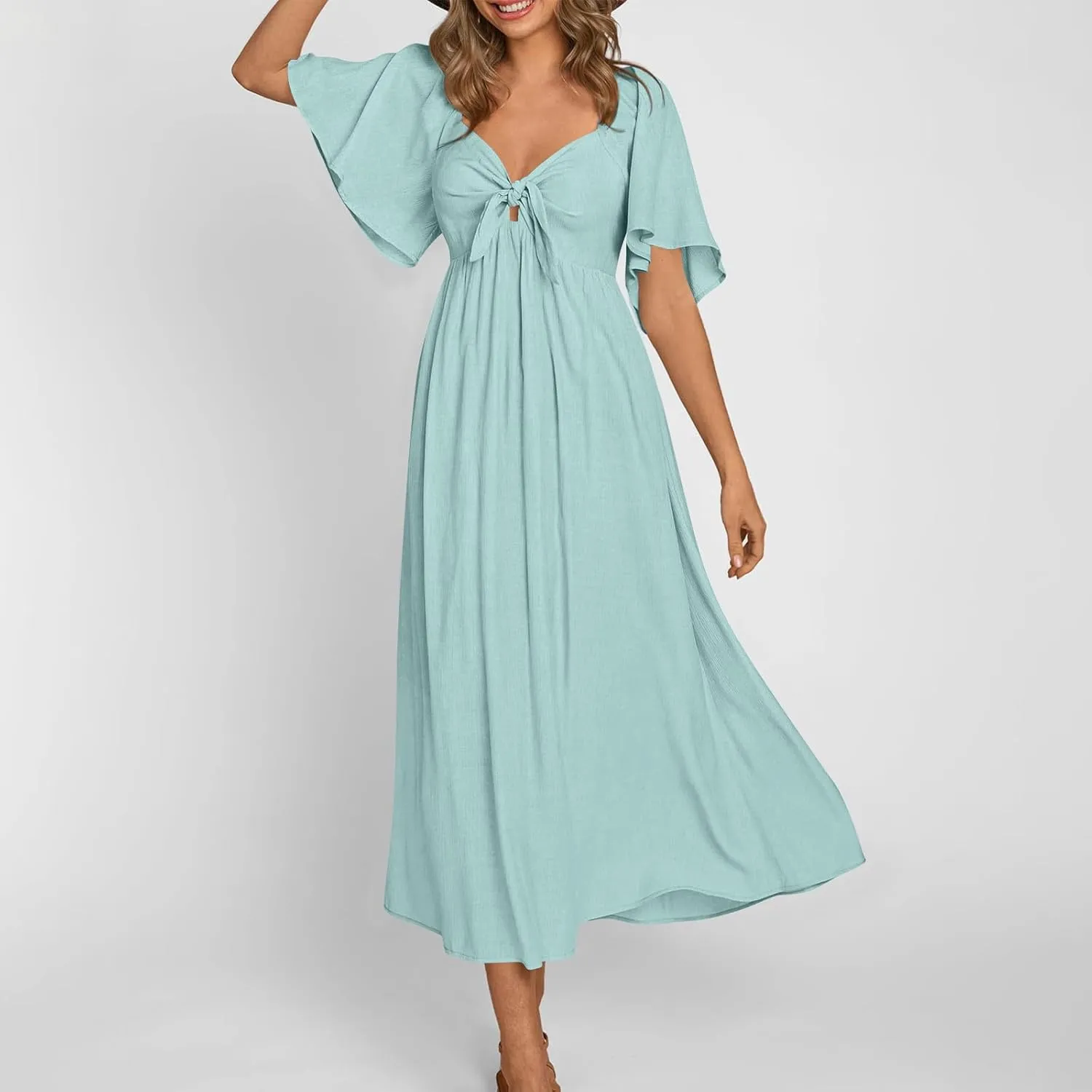 Summer Dress for Women 2024 Casual Short Sleeve Front Bow Tie V Neck Ruffle Midi Flowy Dresses Trendy Smocked Back Dress