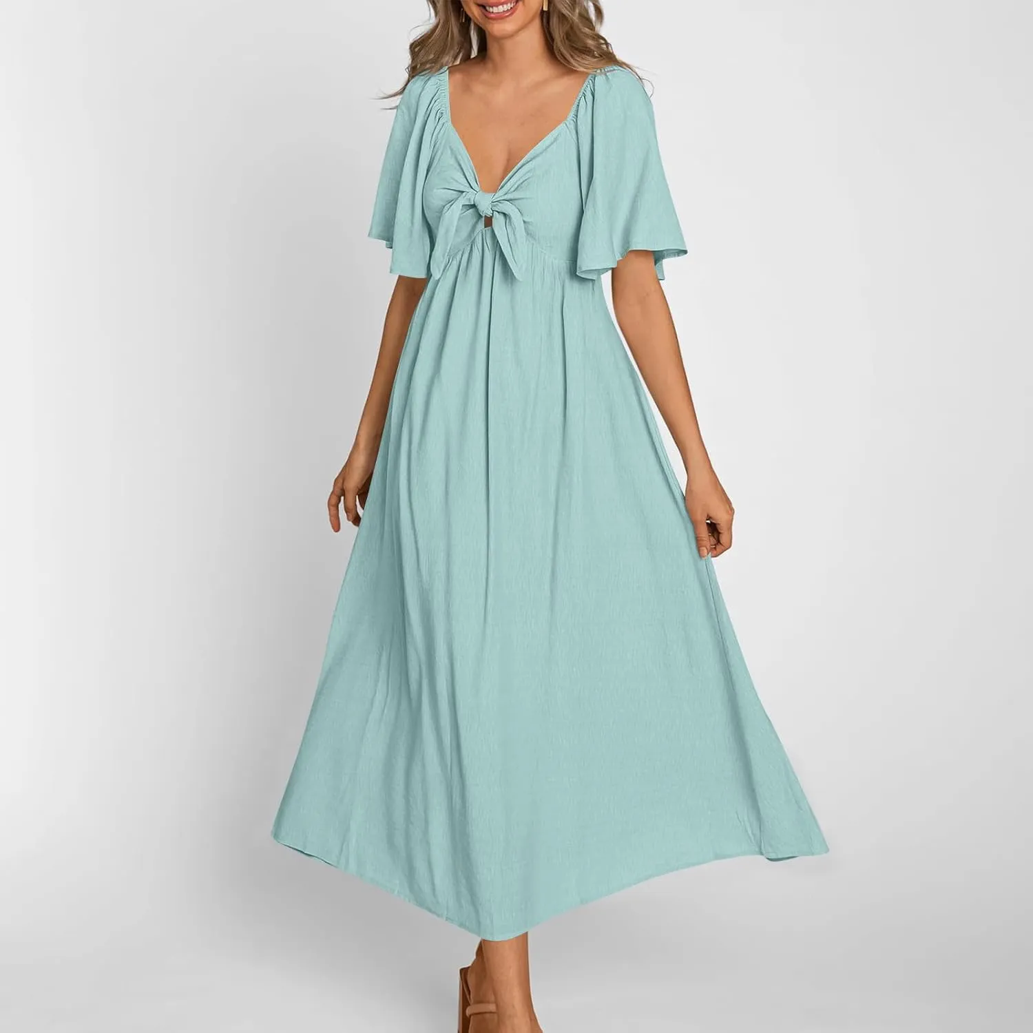 Summer Dress for Women 2024 Casual Short Sleeve Front Bow Tie V Neck Ruffle Midi Flowy Dresses Trendy Smocked Back Dress