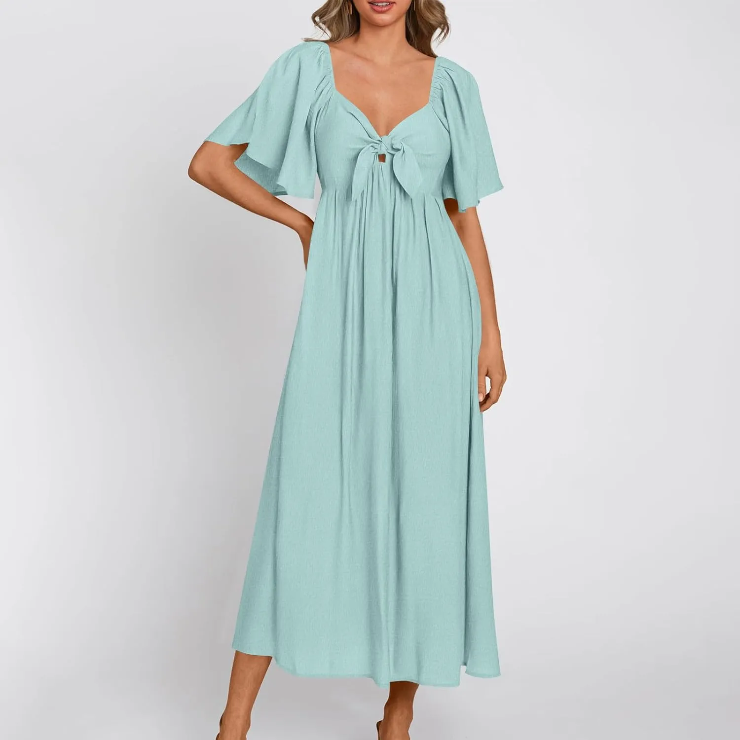 Summer Dress for Women 2024 Casual Short Sleeve Front Bow Tie V Neck Ruffle Midi Flowy Dresses Trendy Smocked Back Dress