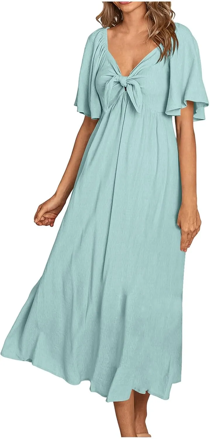 Summer Dress for Women 2024 Casual Short Sleeve Front Bow Tie V Neck Ruffle Midi Flowy Dresses Trendy Smocked Back Dress