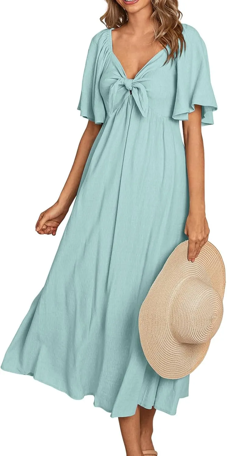 Summer Dress for Women 2024 Casual Short Sleeve Front Bow Tie V Neck Ruffle Midi Flowy Dresses Trendy Smocked Back Dress