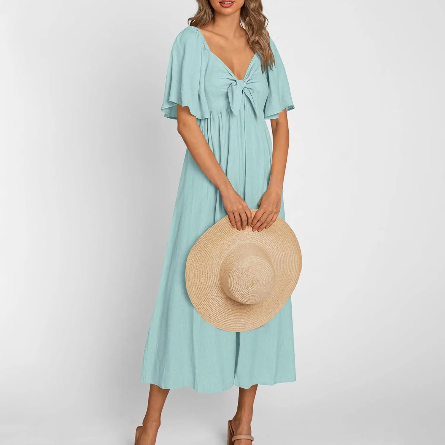 Summer Dress for Women 2024 Casual Short Sleeve Front Bow Tie V Neck Ruffle Midi Flowy Dresses Trendy Smocked Back Dress