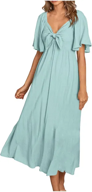 Summer Dress for Women 2024 Casual Short Sleeve Front Bow Tie V Neck Ruffle Midi Flowy Dresses Trendy Smocked Back Dress