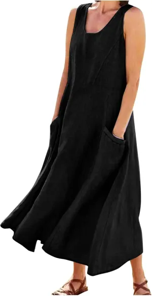 Summer Dresses for Women 2024 Casual Bohemian Solid Color Sleeveless Beach Vacation Sundresses Cotton Linen Dresses Pocket