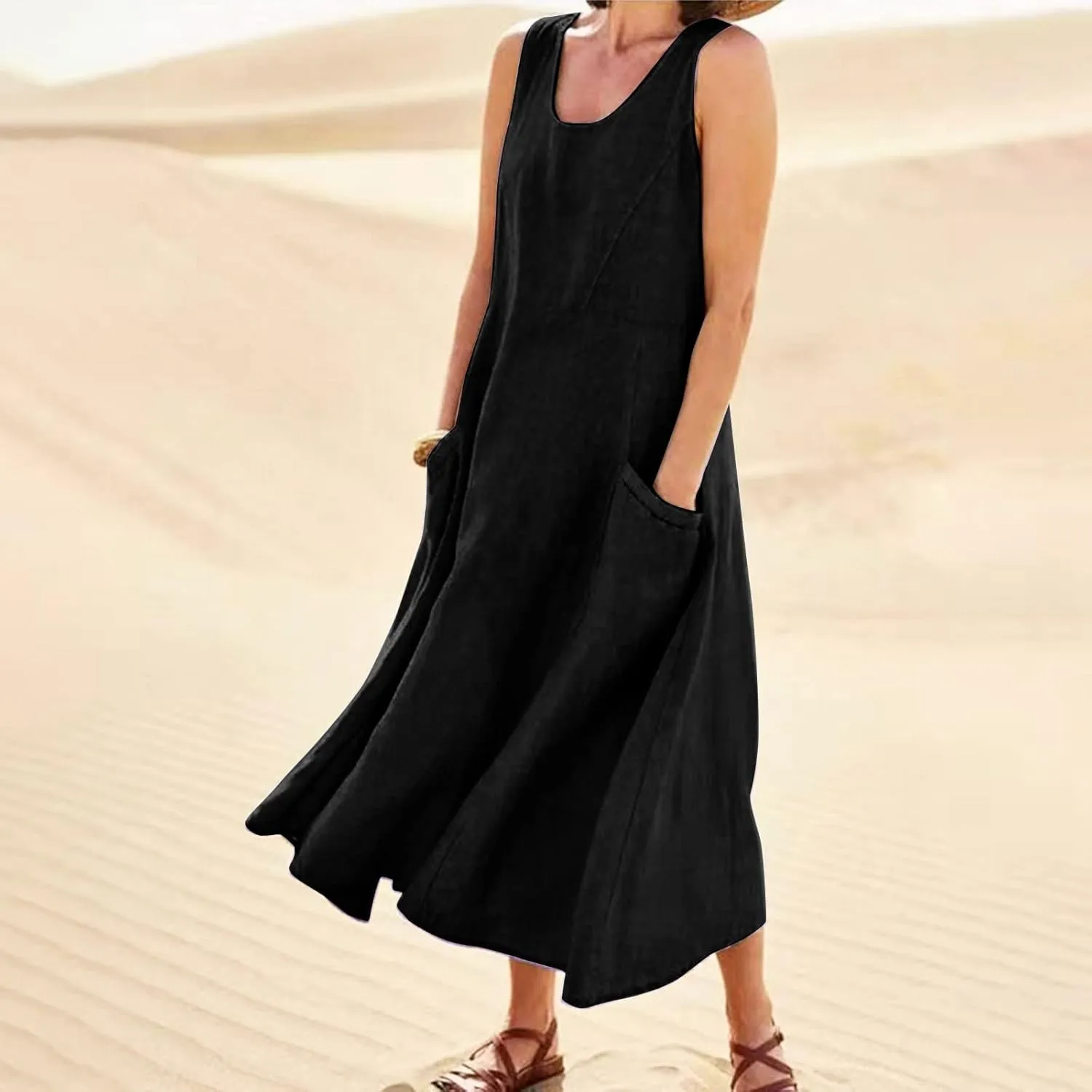 Summer Dresses for Women 2024 Casual Bohemian Solid Color Sleeveless Beach Vacation Sundresses Cotton Linen Dresses Pocket