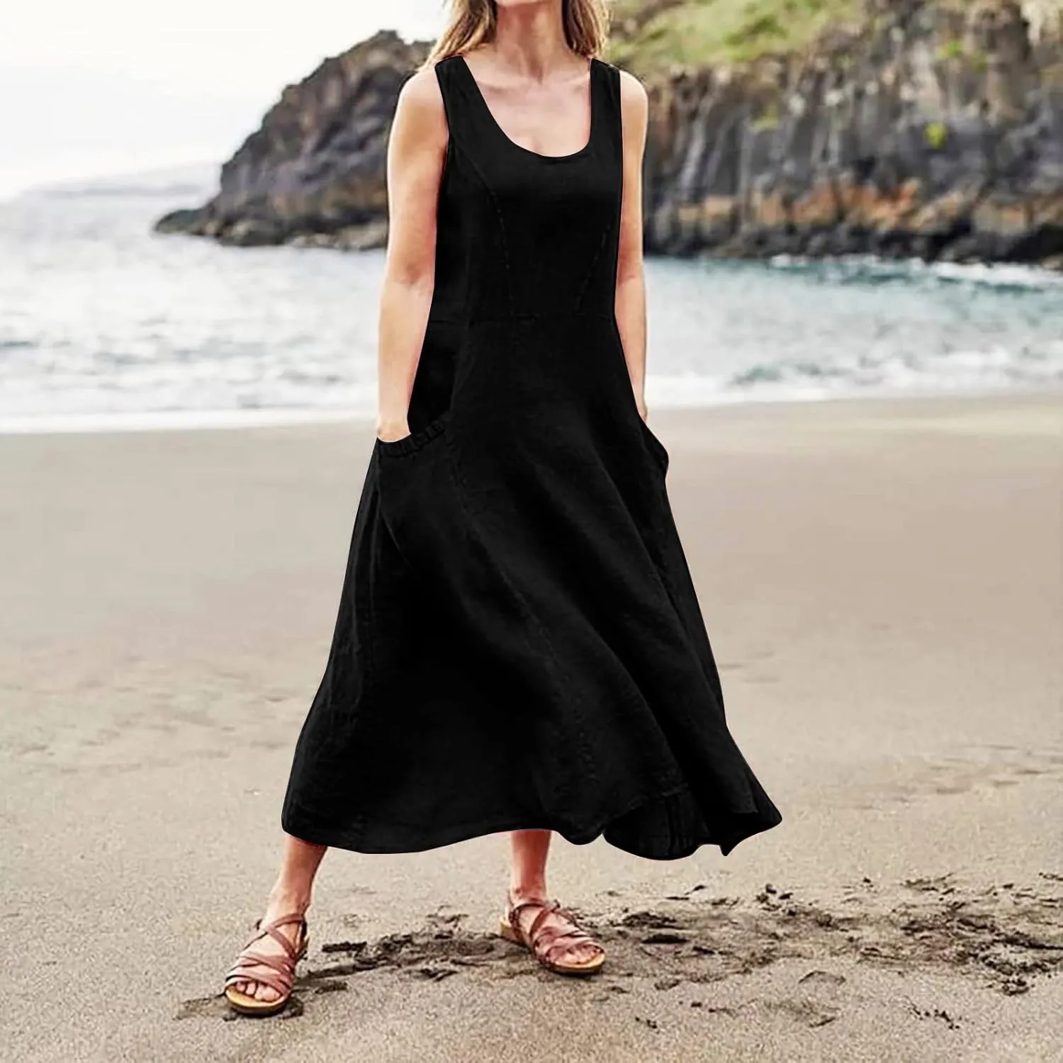 Summer Dresses for Women 2024 Casual Bohemian Solid Color Sleeveless Beach Vacation Sundresses Cotton Linen Dresses Pocket