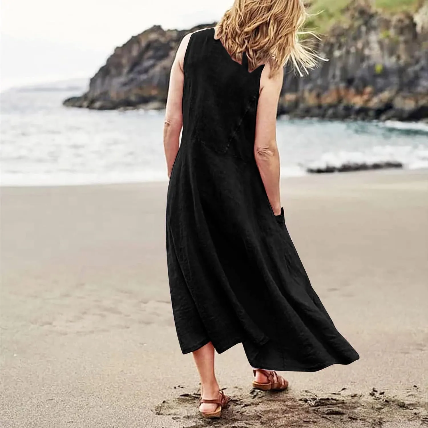 Summer Dresses for Women 2024 Casual Bohemian Solid Color Sleeveless Beach Vacation Sundresses Cotton Linen Dresses Pocket