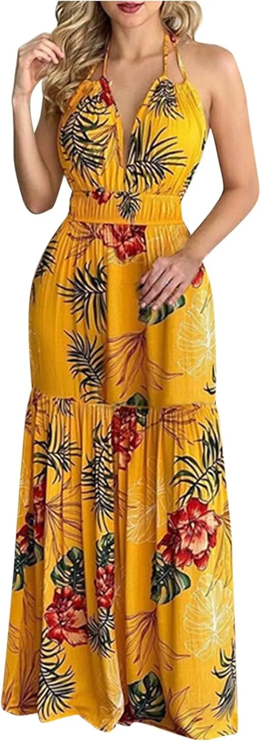 Summer Dresses for Women 2024 Fashion Sexy Floral Tropical Beach Halter Sundress Hawaiian Backless Long Maxi Dress