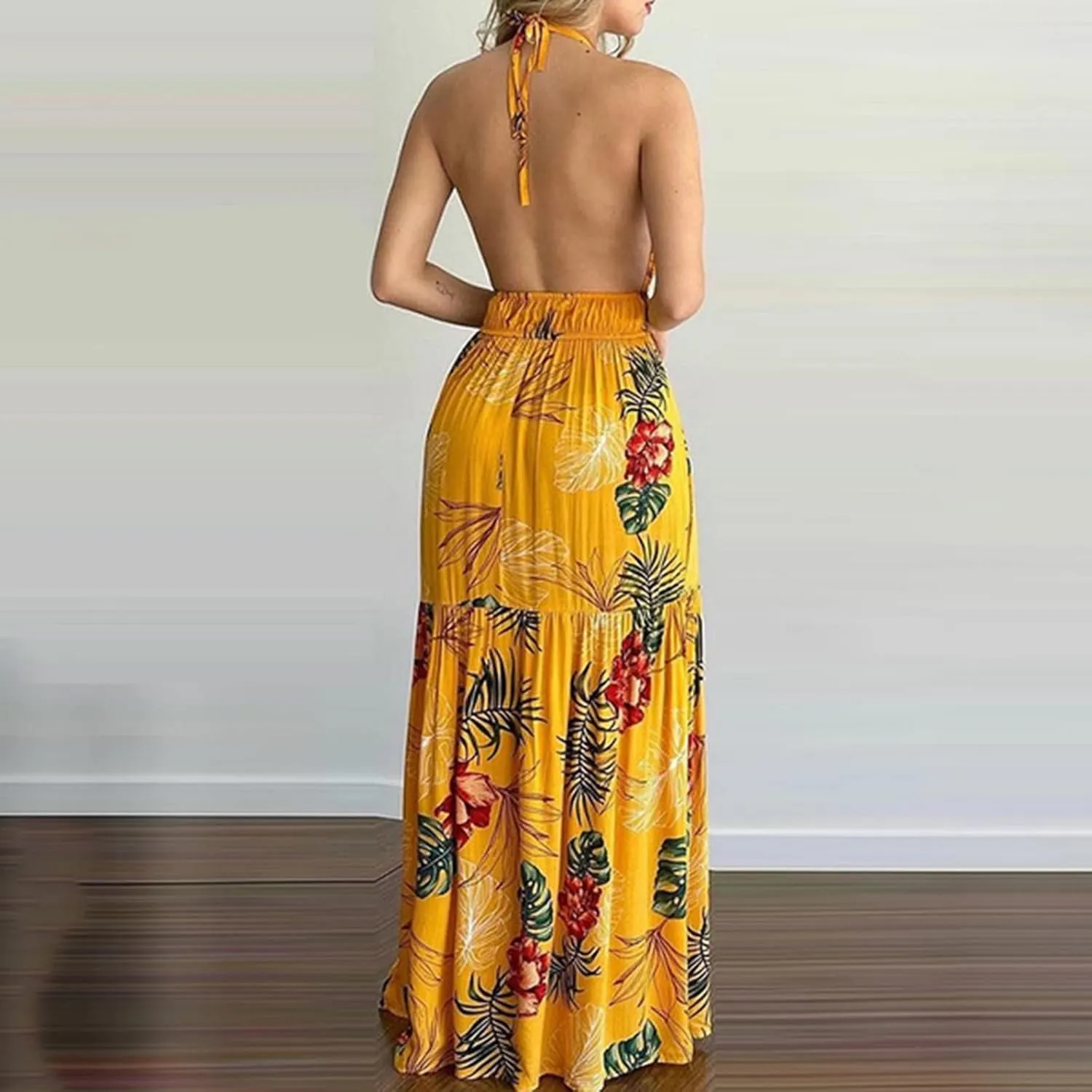 Summer Dresses for Women 2024 Fashion Sexy Floral Tropical Beach Halter Sundress Hawaiian Backless Long Maxi Dress