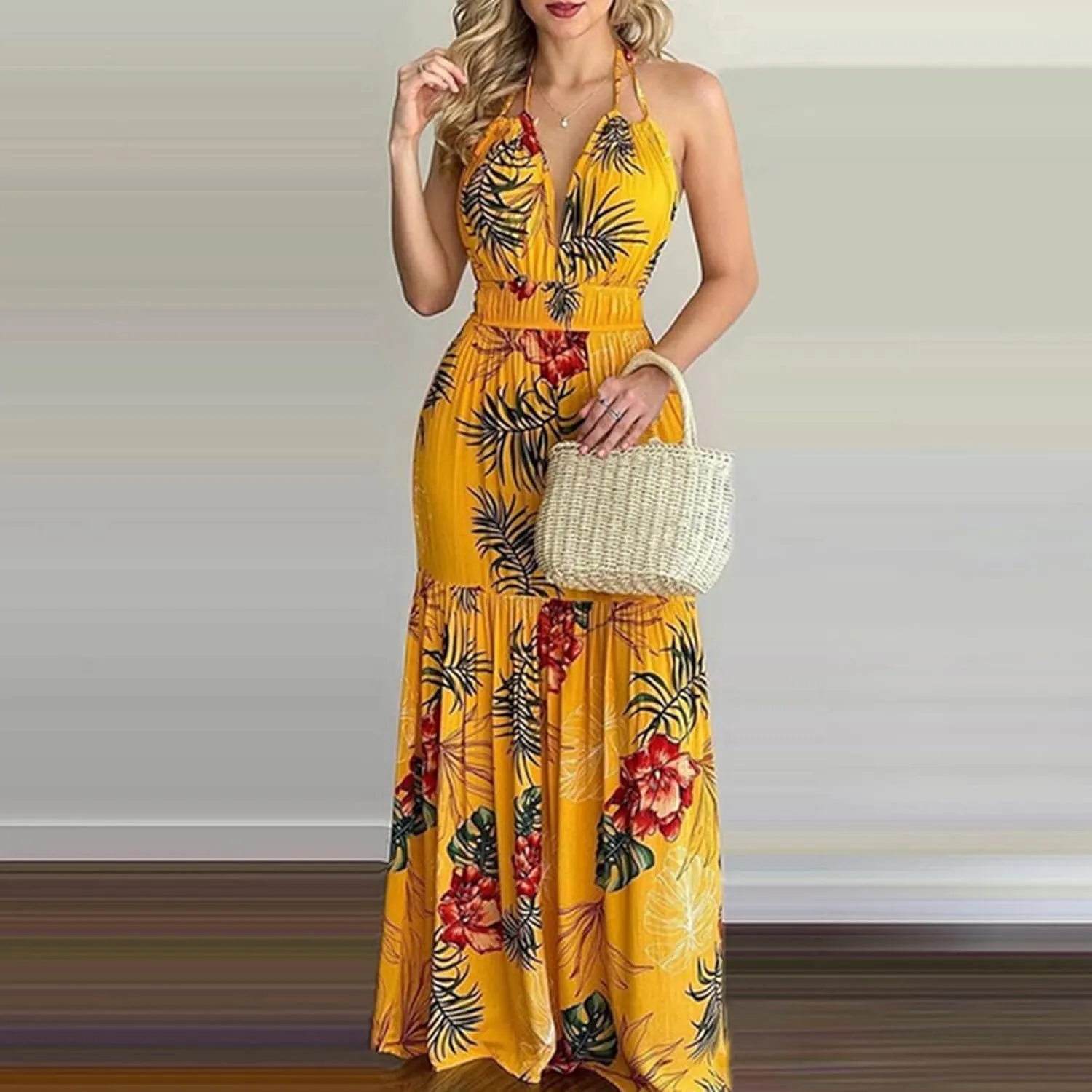 Summer Dresses for Women 2024 Fashion Sexy Floral Tropical Beach Halter Sundress Hawaiian Backless Long Maxi Dress