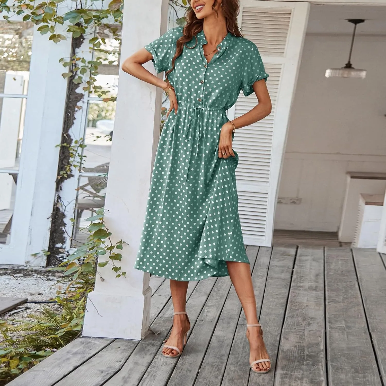 Summer Dresses for Women 2025 Casual Loose Trendy Short Sleeve V-Neck Boho Polka Dot Print Beach Maxi Dress, S-2XL