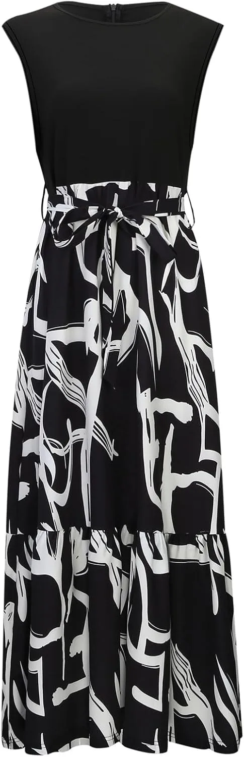 Summer Dresses for Women 2025 Floral Elegant Tie Belted Patchwork A Line Waist Short Sleeve Flowy Beach Maxi Dress