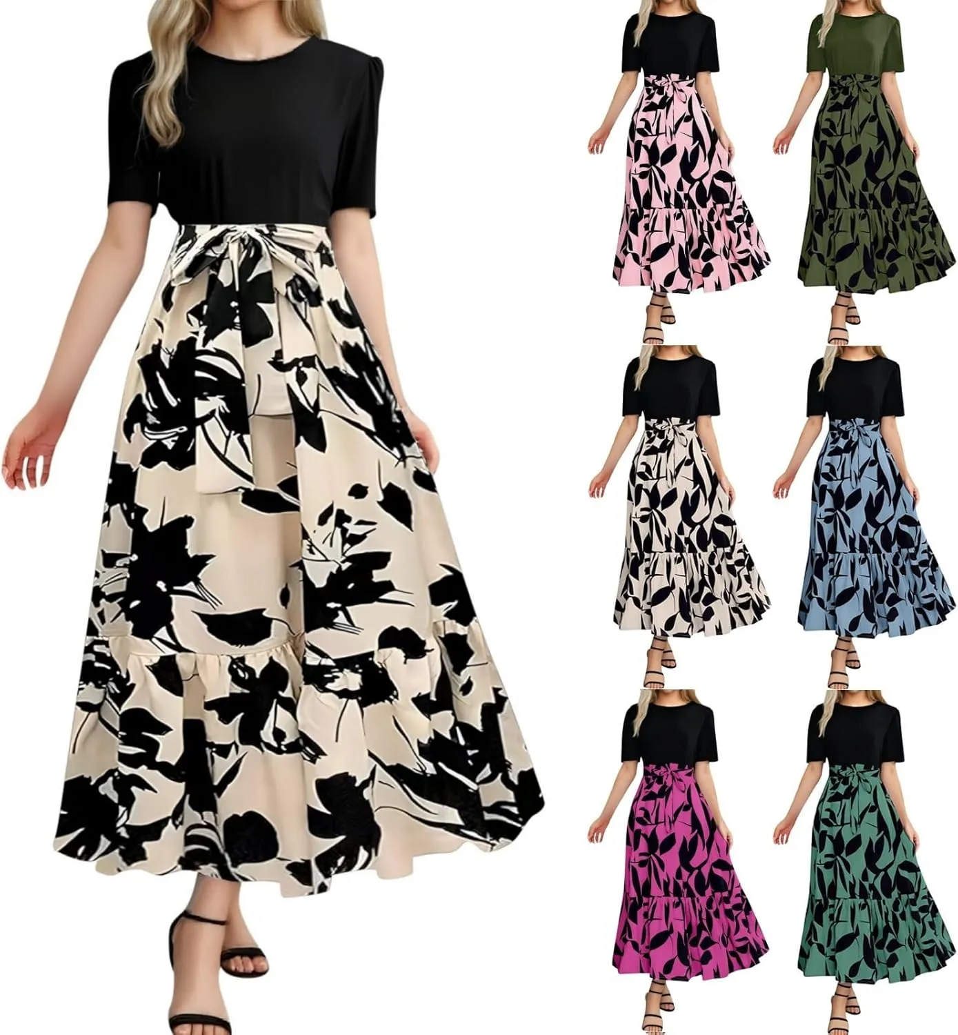 Summer Dresses for Women 2025 Floral Elegant Tie Belted Patchwork A Line Waist Short Sleeve Flowy Beach Maxi Dress