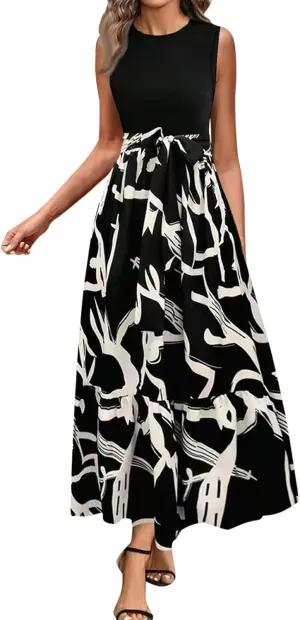 Summer Dresses for Women 2025 Floral Elegant Tie Belted Patchwork A Line Waist Short Sleeve Flowy Beach Maxi Dress