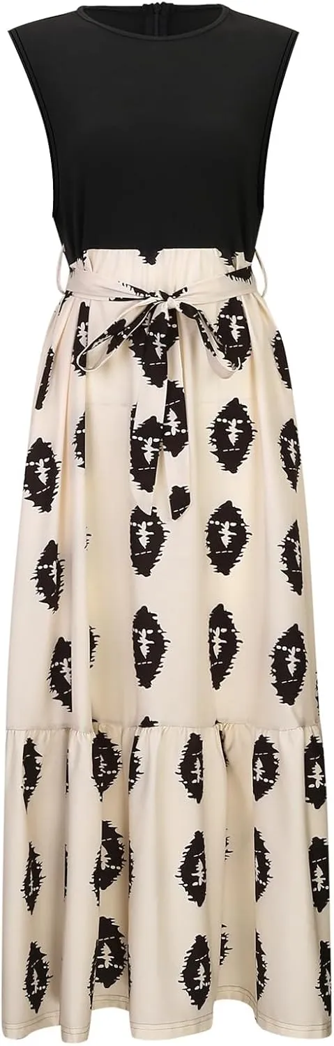 Summer Dresses for Women 2025 Floral Elegant Tie Belted Patchwork A Line Waist Short Sleeve Flowy Beach Maxi Dress