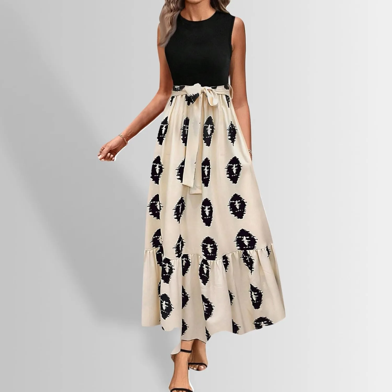 Summer Dresses for Women 2025 Floral Elegant Tie Belted Patchwork A Line Waist Short Sleeve Flowy Beach Maxi Dress