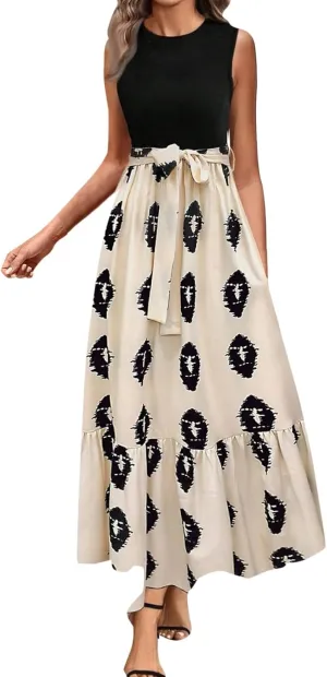 Summer Dresses for Women 2025 Floral Elegant Tie Belted Patchwork A Line Waist Short Sleeve Flowy Beach Maxi Dress