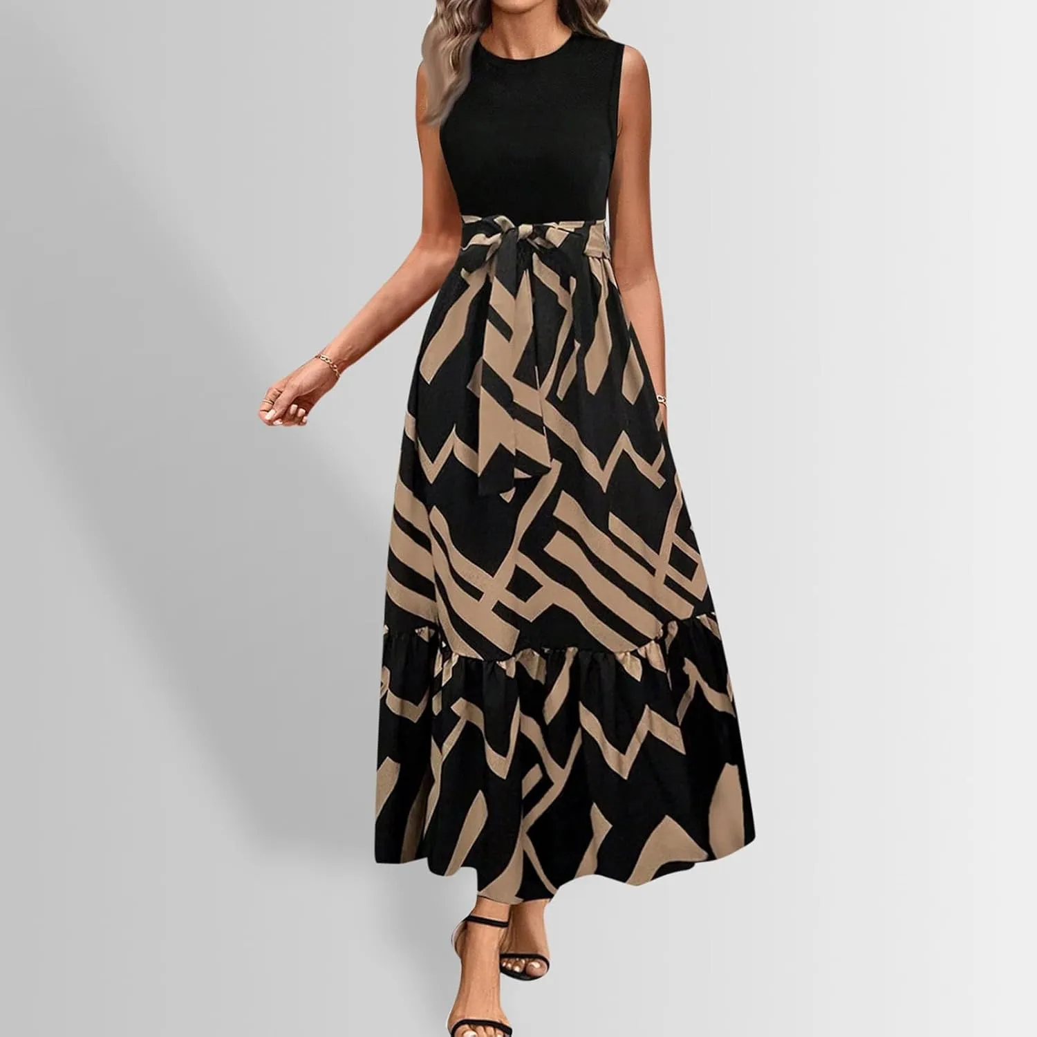 Summer Dresses for Women 2025 Floral Elegant Tie Belted Patchwork A Line Waist Short Sleeve Flowy Beach Maxi Dress