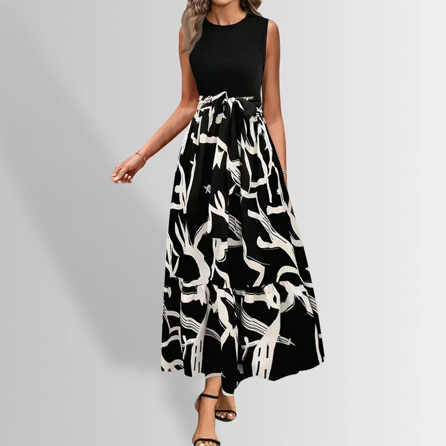 Summer Dresses for Women 2025 Floral Elegant Tie Belted Patchwork A Line Waist Short Sleeve Flowy Beach Maxi Dress