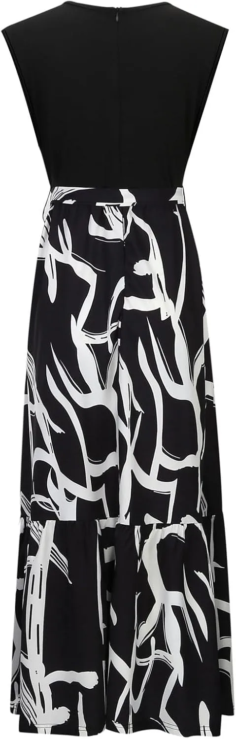 Summer Dresses for Women 2025 Floral Elegant Tie Belted Patchwork A Line Waist Short Sleeve Flowy Beach Maxi Dress