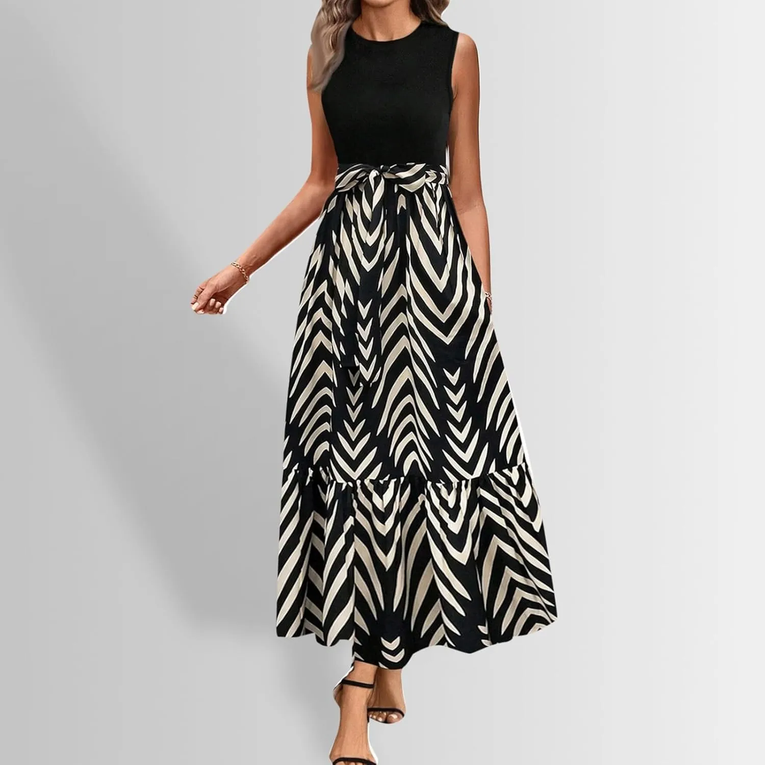 Summer Dresses for Women 2025 Floral Elegant Tie Belted Patchwork A Line Waist Short Sleeve Flowy Beach Maxi Dress