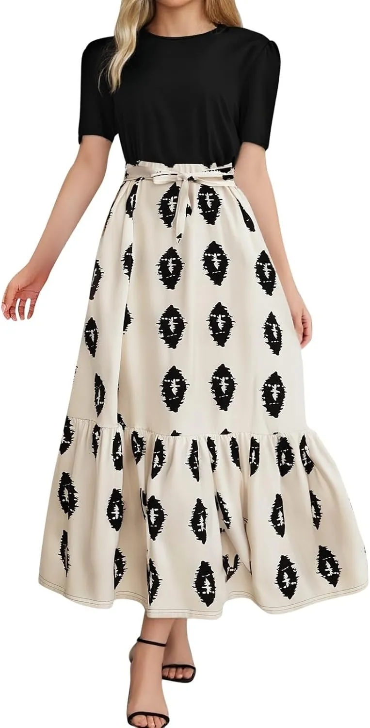 Summer Dresses for Women 2025 Floral Elegant Tie Belted Patchwork A Line Waist Short Sleeve Flowy Beach Maxi Dress