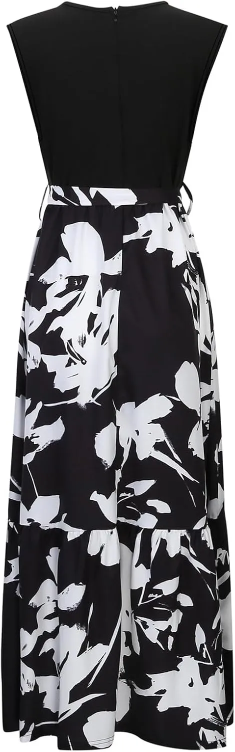 Summer Dresses for Women 2025 Floral Elegant Tie Belted Patchwork A Line Waist Short Sleeve Flowy Beach Maxi Dress