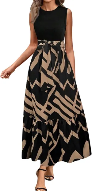 Summer Dresses for Women 2025 Floral Elegant Tie Belted Patchwork A Line Waist Short Sleeve Flowy Beach Maxi Dress