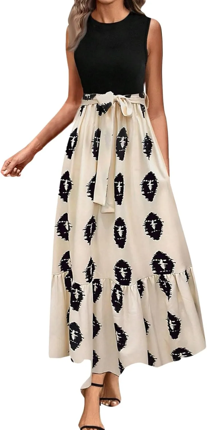 Summer Dresses for Women 2025 Floral Elegant Tie Belted Patchwork A Line Waist Short Sleeve Flowy Beach Maxi Dress