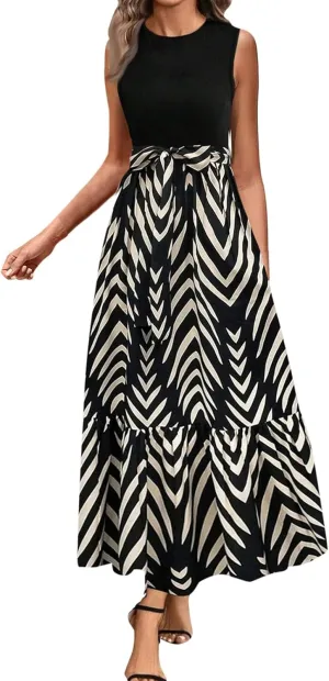 Summer Dresses for Women 2025 Floral Elegant Tie Belted Patchwork A Line Waist Short Sleeve Flowy Beach Maxi Dress