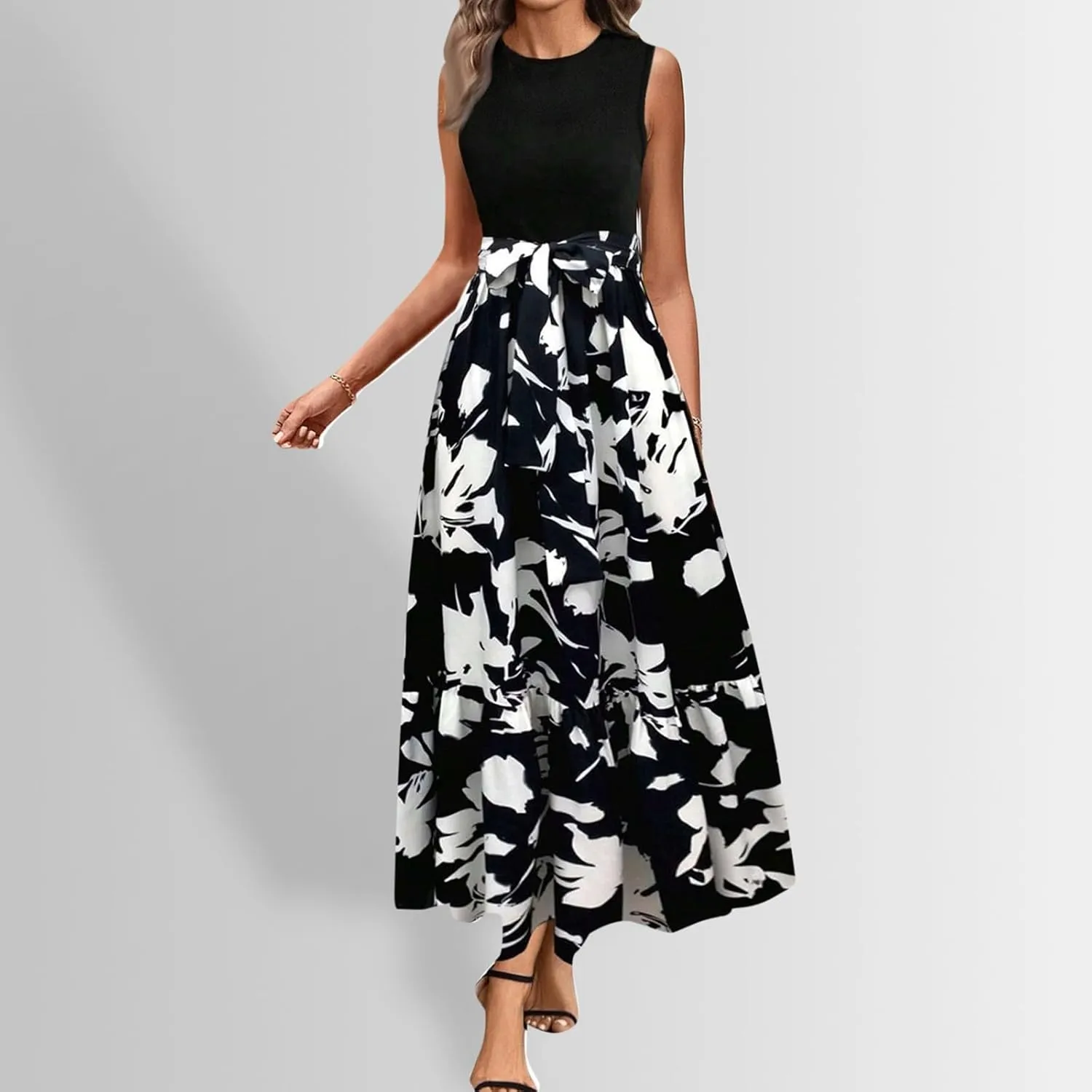 Summer Dresses for Women 2025 Floral Elegant Tie Belted Patchwork A Line Waist Short Sleeve Flowy Beach Maxi Dress