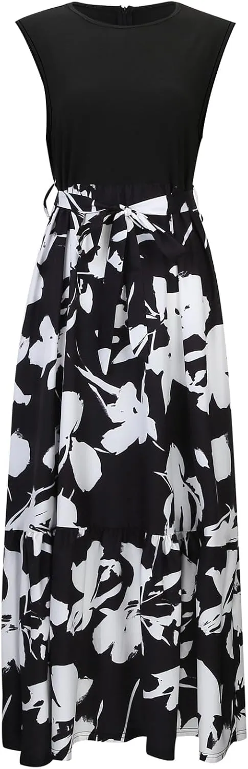 Summer Dresses for Women 2025 Floral Elegant Tie Belted Patchwork A Line Waist Short Sleeve Flowy Beach Maxi Dress
