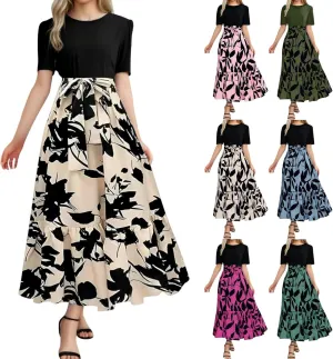 Summer Dresses for Women 2025 Floral Elegant Tie Belted Patchwork A Line Waist Short Sleeve Flowy Beach Maxi Dress