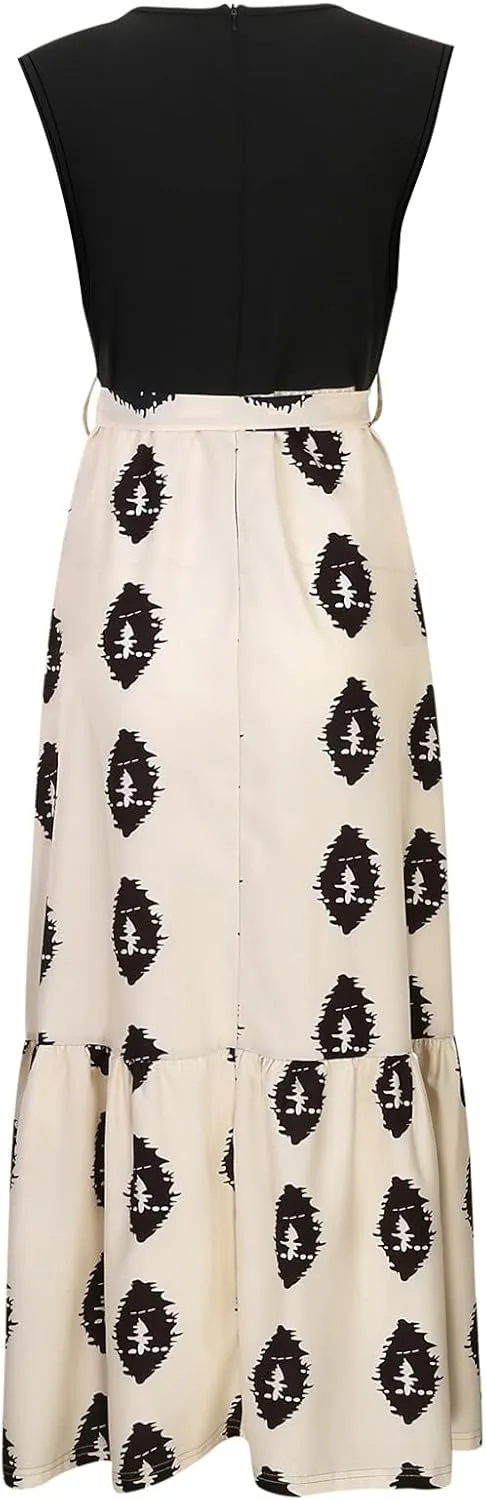 Summer Dresses for Women 2025 Floral Elegant Tie Belted Patchwork A Line Waist Short Sleeve Flowy Beach Maxi Dress