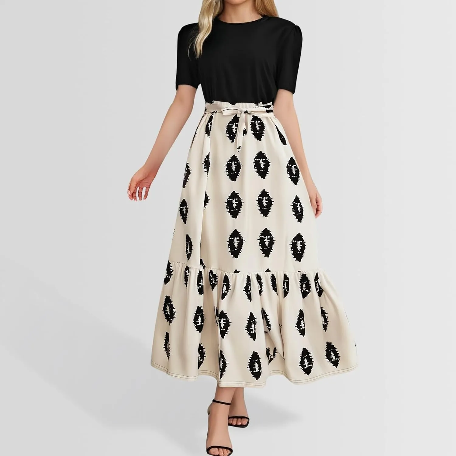 Summer Dresses for Women 2025 Floral Elegant Tie Belted Patchwork A Line Waist Short Sleeve Flowy Beach Maxi Dress