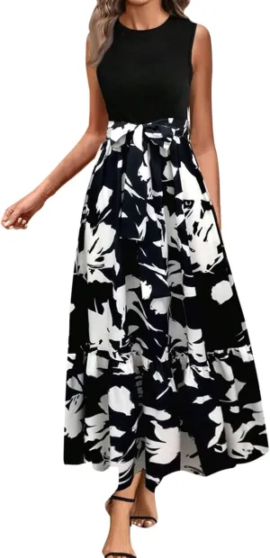 Summer Dresses for Women 2025 Floral Elegant Tie Belted Patchwork A Line Waist Short Sleeve Flowy Beach Maxi Dress