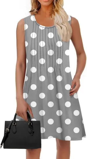 Summer Dresses for Women 2025 Loose O Neck Sundresses Sleeveless Pleated Tank Dress Beach Casual Print Dress with Pockets