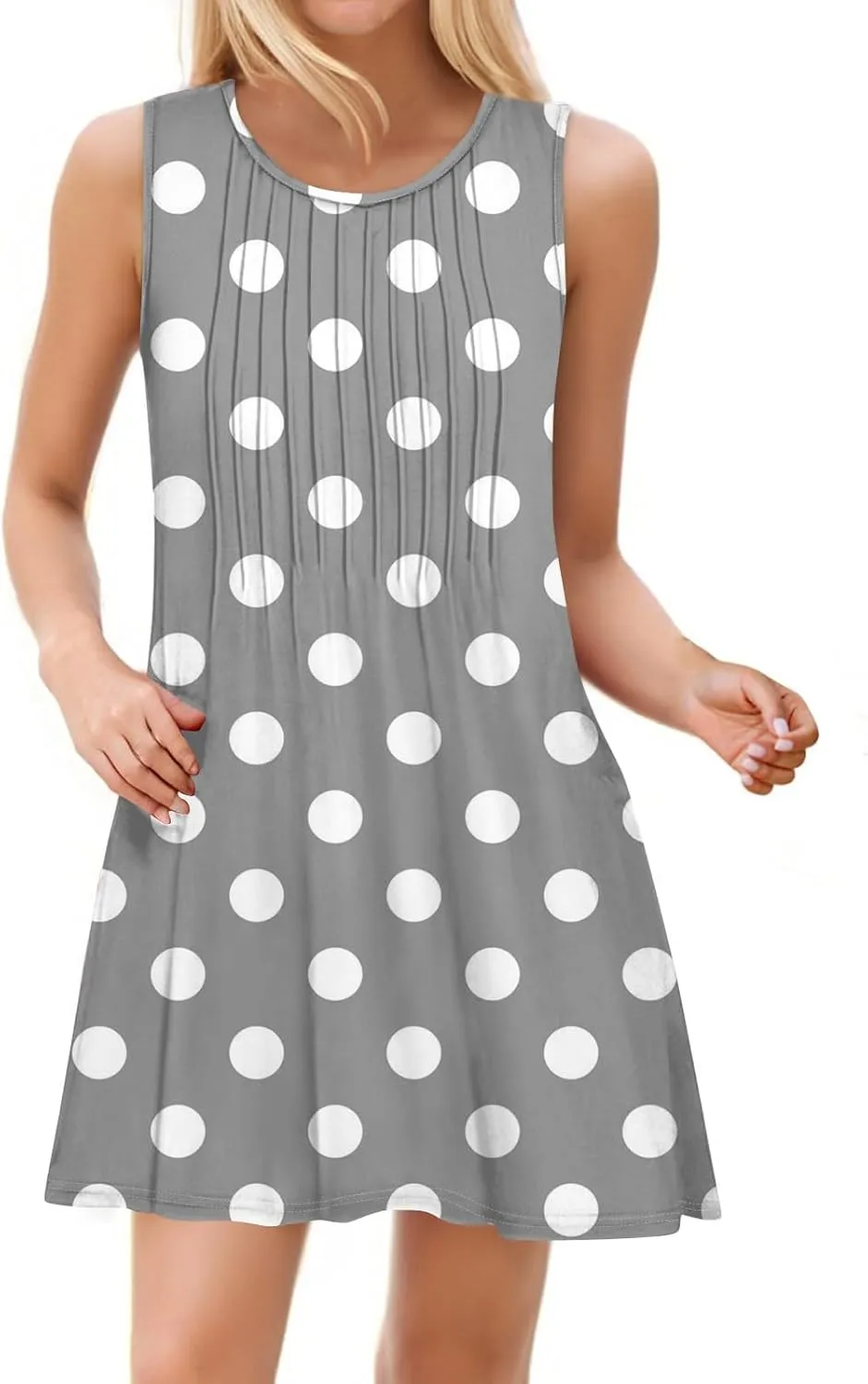 Summer Dresses for Women 2025 Loose O Neck Sundresses Sleeveless Pleated Tank Dress Beach Casual Print Dress with Pockets