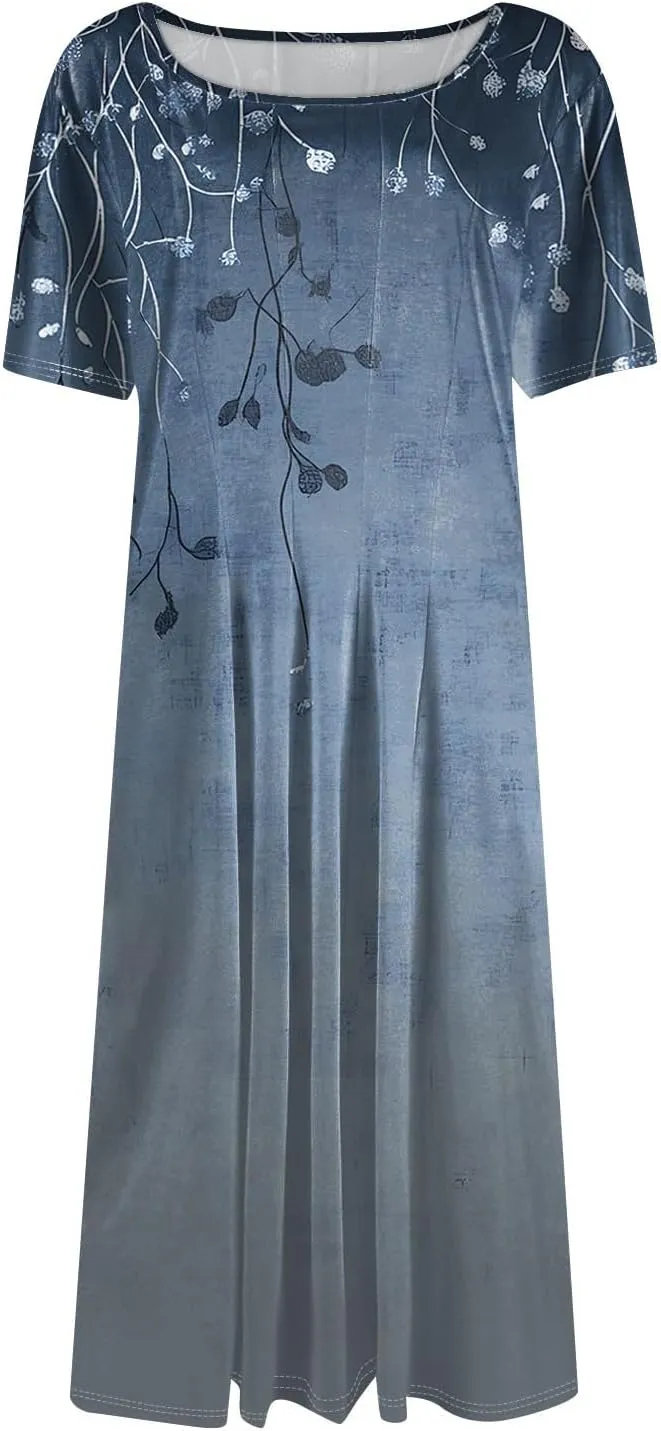 Summer Dresses for Women 2025 Midi Short Sleeve Round Neck Floral Elegant Pleated with Side Pocket A Line Sundresses