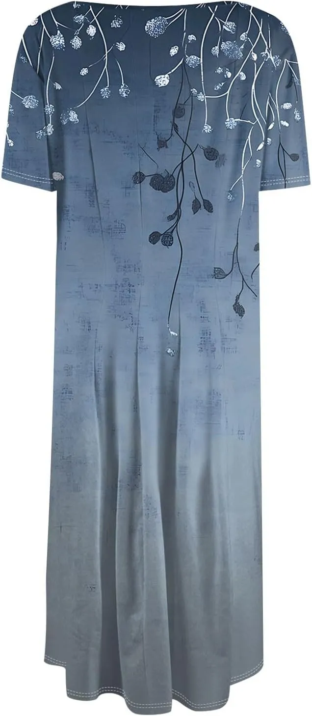 Summer Dresses for Women 2025 Midi Short Sleeve Round Neck Floral Elegant Pleated with Side Pocket A Line Sundresses